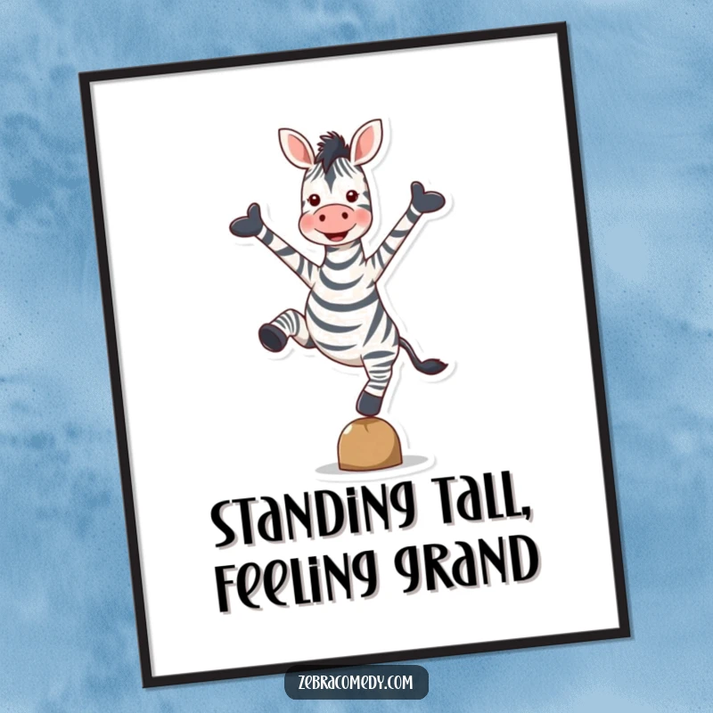 Funny Free Printable Wall Art: A zebra balancing precariously on one hoove, arms outstretched in pure, uninhibited delight.