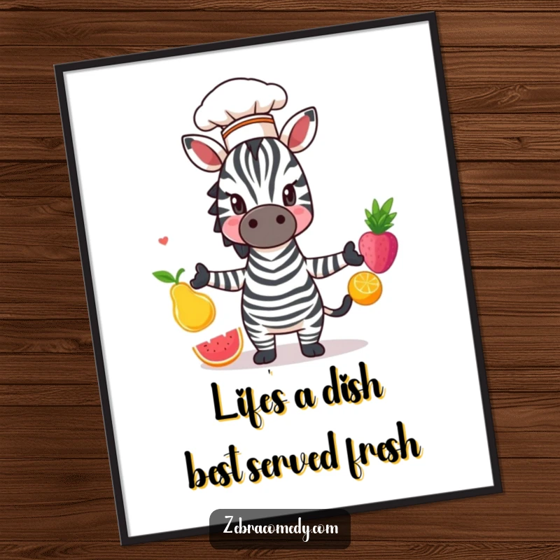 Funny Free Printable Wall Art: A zebra wearing a chef hat energetically juggles three vibrant fruits with a cheerful demeanor.