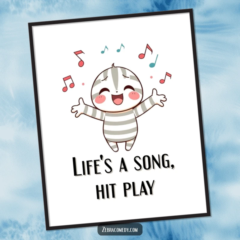 Funny Free Printable Wall Art: a striped character radiates joy surrounded by a symphony of floating musical notes, creating a lively atmosphere.