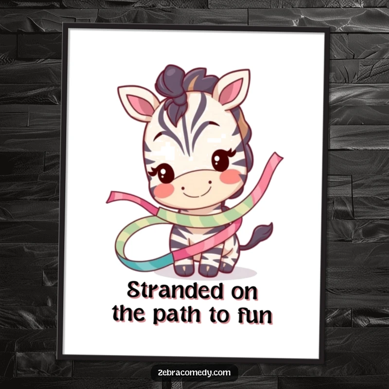 Funny Free Printable Wall Art: Smiling zebra character playfully tangled in colorful whimsical ribbon, charming decor.