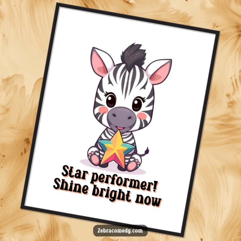 Funny free printable wall art: an energetic zebra cub masterfully balances a colorful star on its nose, creating a joyful and captivating scene.