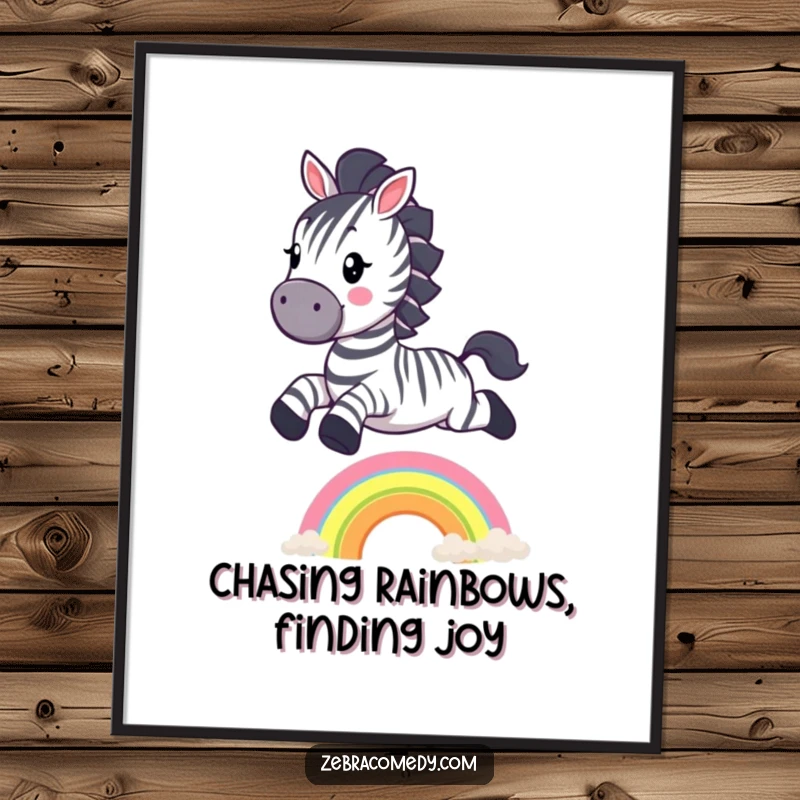 Funny Free Printable Wall Art: A happy zebra is captured mid-leap, joyfully jumping over a vibrant, small rainbow.