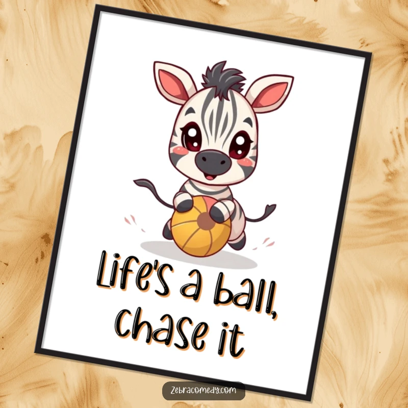 Funny Free Printable Wall Art: A happy zebra with wide eyes energetically chasing a bouncy ball, radiating pure fun.