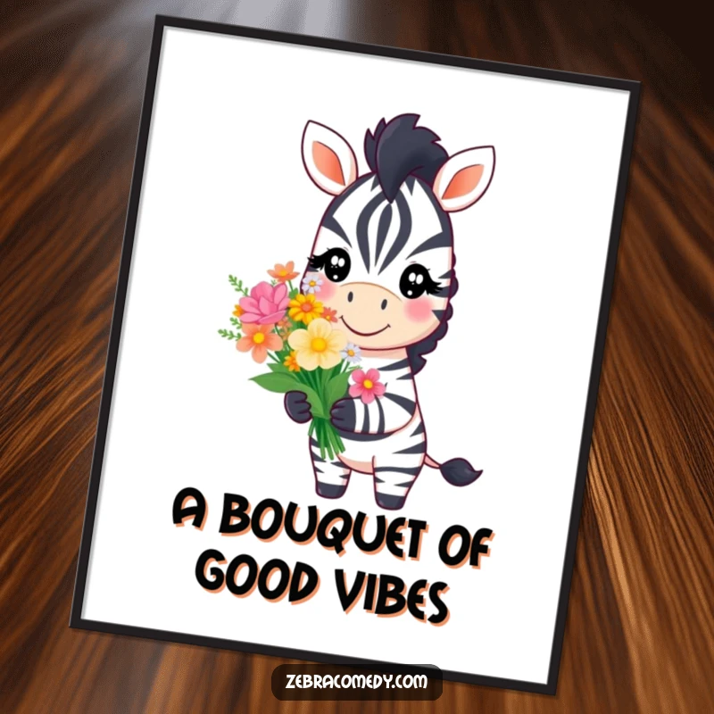 Funny Free Printable Wall Art: A sweet-smiling zebra character gracefully offers a beautiful bouquet of colorful flowers.