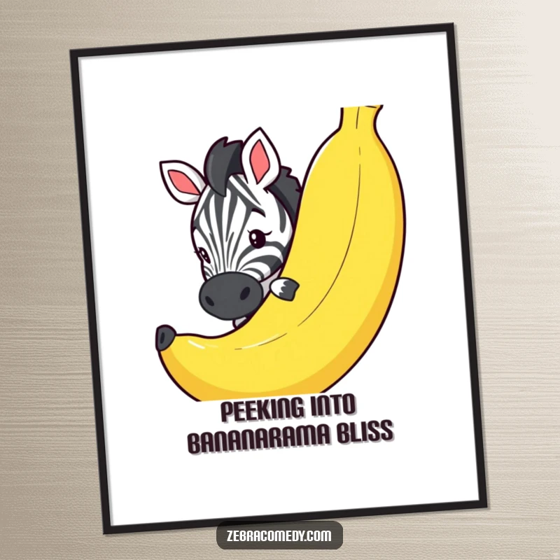 Funny Free Printable Wall Art: A curious zebra peeking around a giant novelty banana, adding whimsical decor.