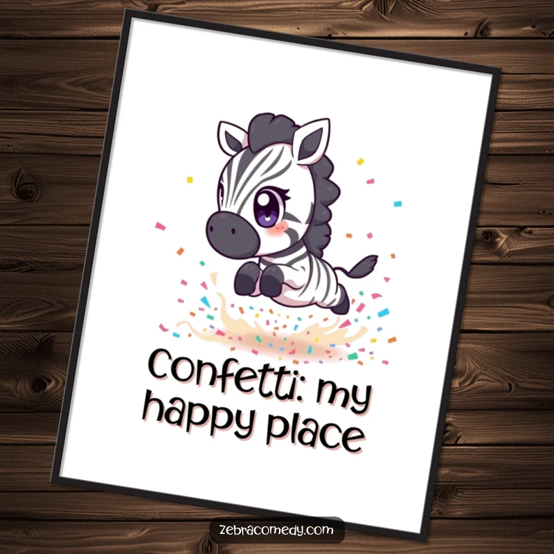 Funny Free Printable Wall Art: A small, expressive zebra character leaping dynamically over a playful, colorful explosion of confetti.