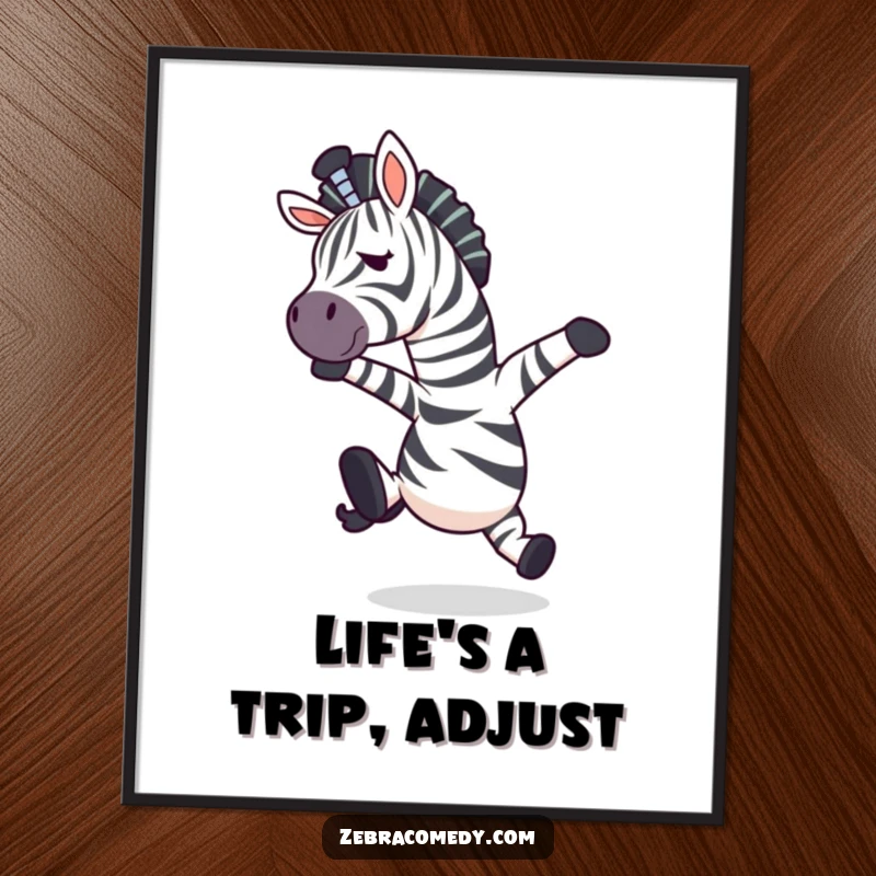 Funny free printable wall art: A zebra character in a comical mid-air pose, having tripped but saved itself.