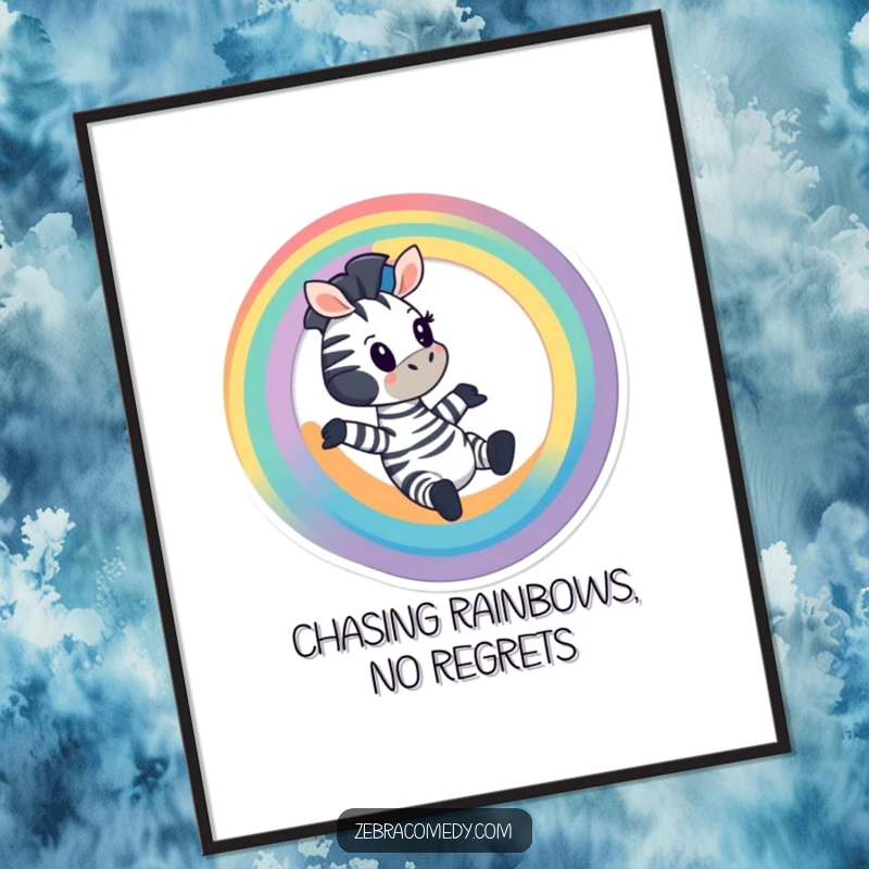 Funny Free Printable Wall Art: A cartoony zebra sliding down a vivid rainbow, bringing a sense of fun and adventurous spirit.