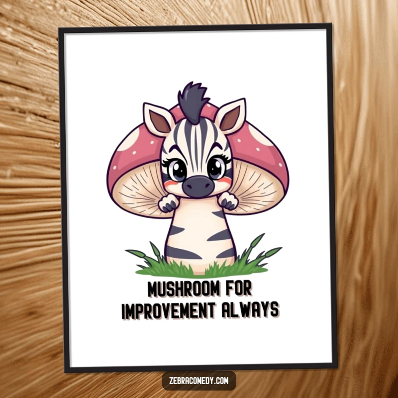 Funny free printable wall art of a zebra peeking over a giant, striped mushroom with wide, curious, and slightly mischievous eyes.