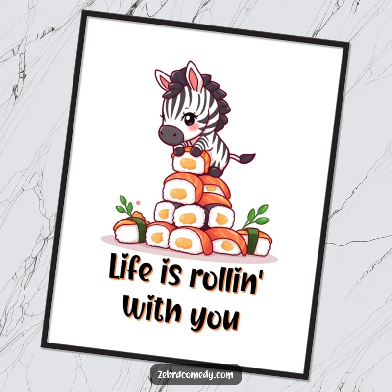 Funny Free Printable Wall Art: Giddy zebra in a comical pose balancing on a tall, teetering tower of sushi.