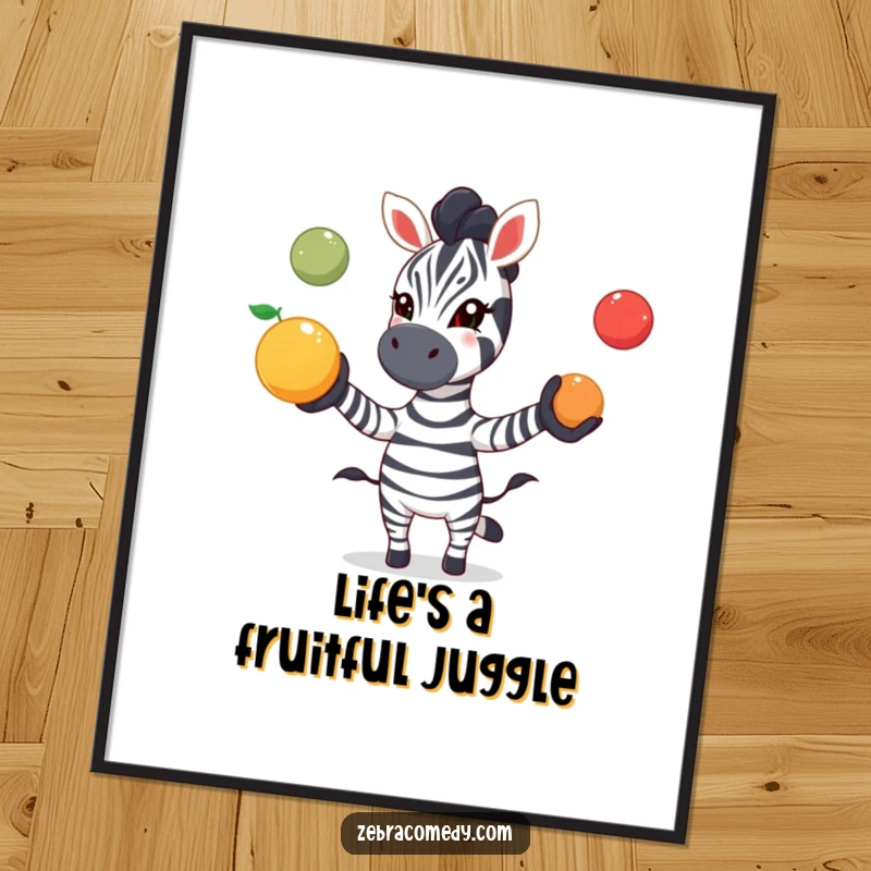 Funny free printable wall art of a zebra playfully juggling three round, colorful fruits with an excited, joyful expression.
