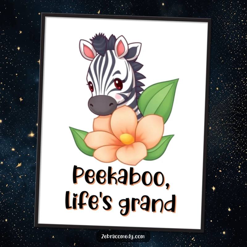 Funny free printable wall art: A whimsical zebra peeking inquisitively from behind a large, abstract striped flower.