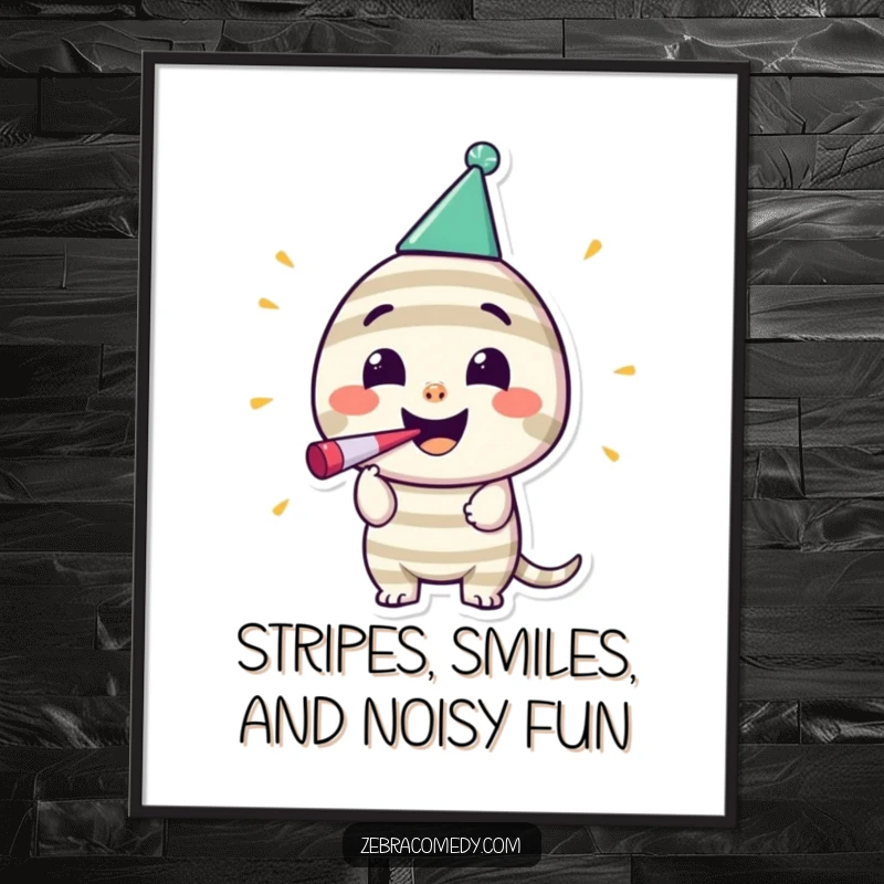 Funny Free Printable Wall Art: A happy striped character in a party hat blowing a noisemaker.