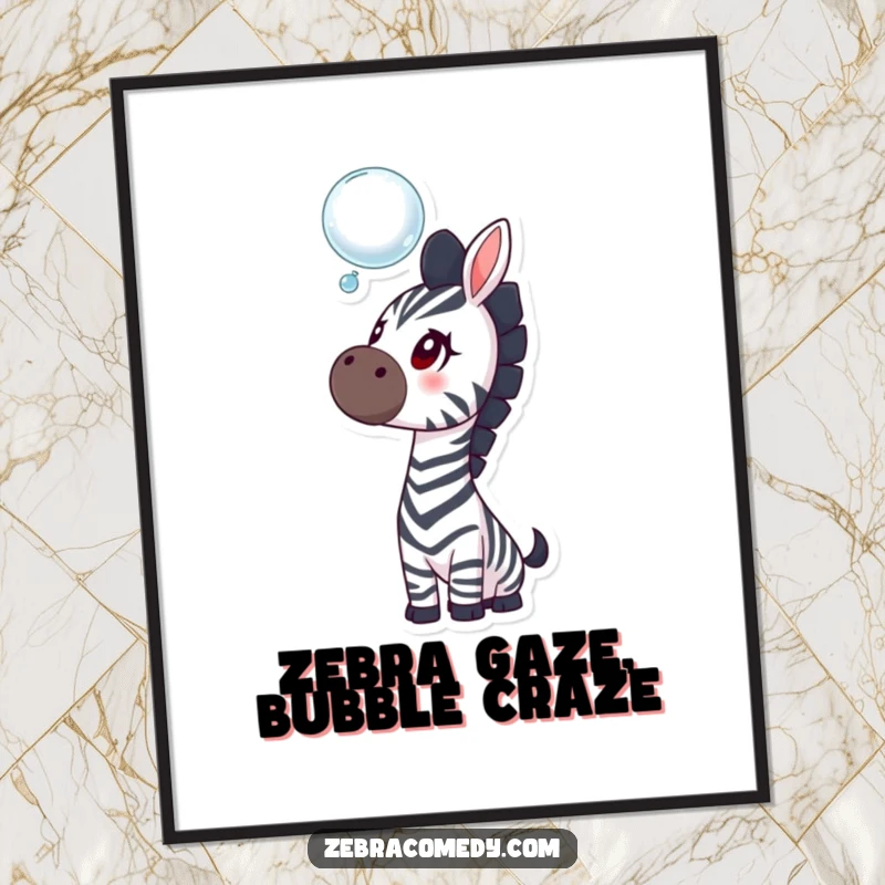 Funny Free Printable Wall Art featuring a curious zebra staring intently at a floating bubble, whimsical downloadable art.