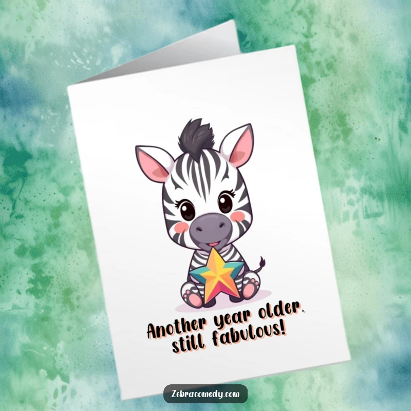 Funny free printable birthday card: adorable zebra cub expertly balances a vibrant star on its nose, radiating pure joy and celebration.