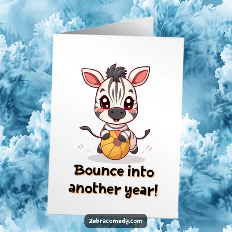 Funny Free Printable Birthday Card: A joyful zebra with wide eyes playfully chasing a bouncy ball, full of excitement.