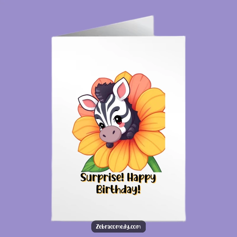 Free Printable Birthday Card: Curious Zebra Behind Flower - Fun Downloadable Gift