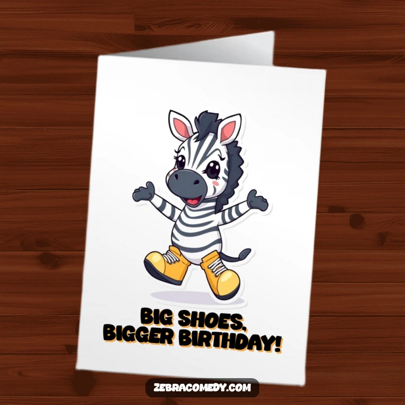 Funny Free Printable Birthday Card: A zebra with enormous shoes performs a goofy dance step, grinning widely with infectious energy.