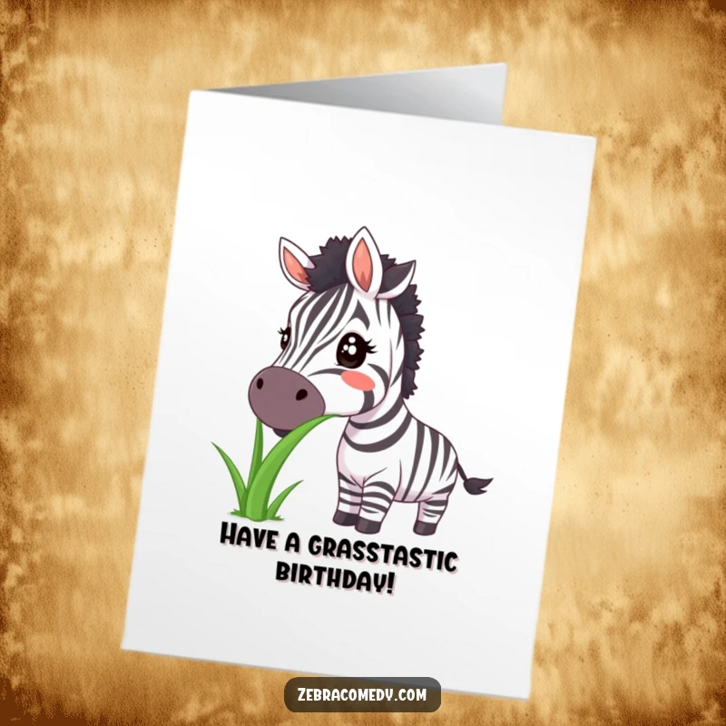 Funny Free Printable Birthday Card: Zebra with huge smile munches a comically large blade of grass. Happy animal.