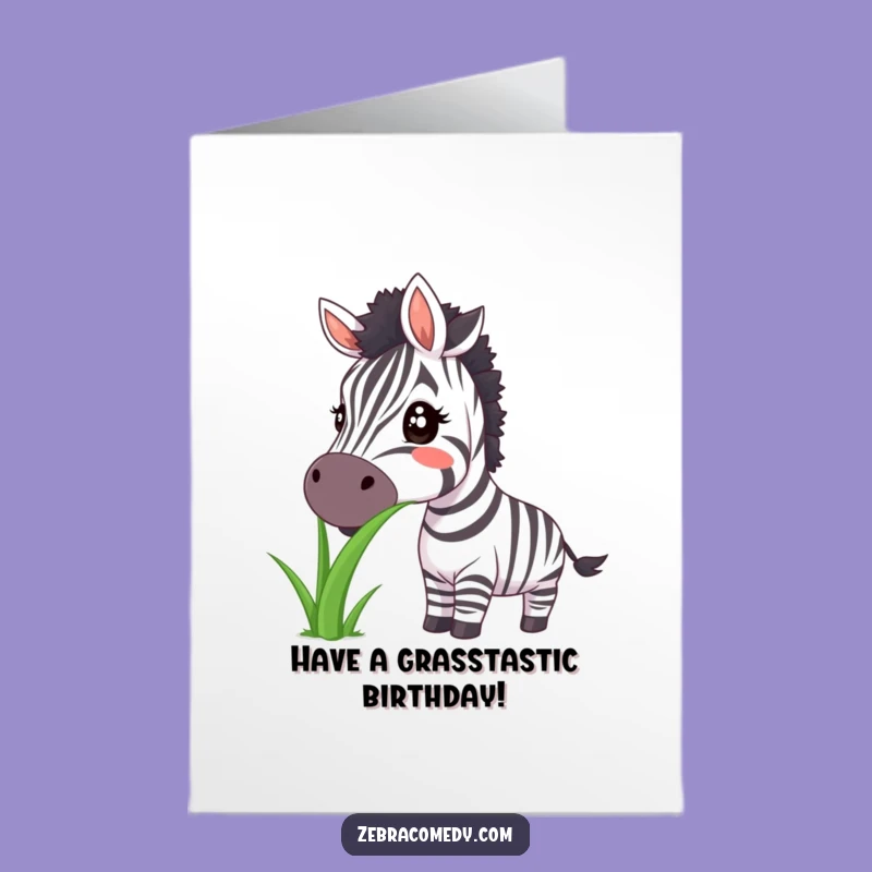 Free Printable Birthday Card: Smiling Zebra Grass Munch! Funny Downloadable Gift
