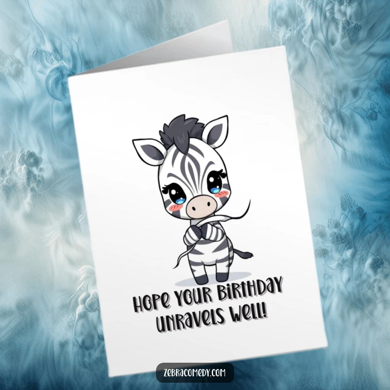 Funny Free Printable Birthday Card: Zebra playfully tugging on a loose stripe that is unraveling, creating a comical effect.