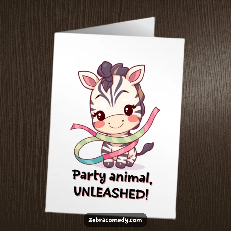 Funny Free Printable Birthday Card: Smiling zebra character playfully tangled in whimsical ribbon, delightful gift.