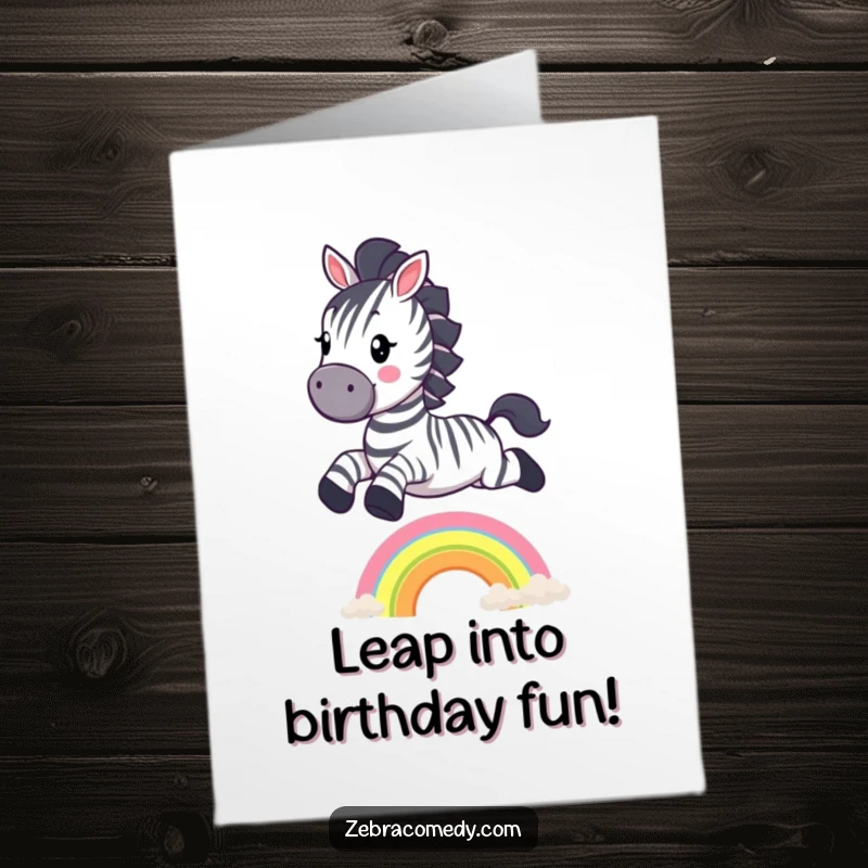 Funny Free Printable Birthday Card: A happy Zebra mid-air, joyfully jumping over a vibrant small rainbow with a wide smile.