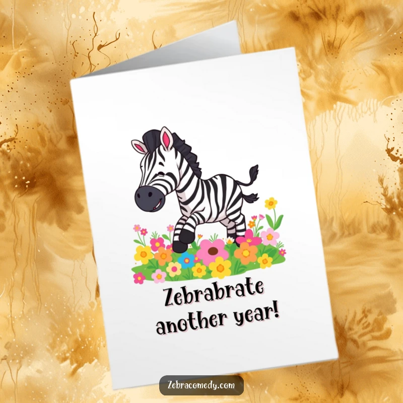 Funny Free Printable Birthday Card featuring a clumsy zebra comically slipping on bright, colorful flowers.