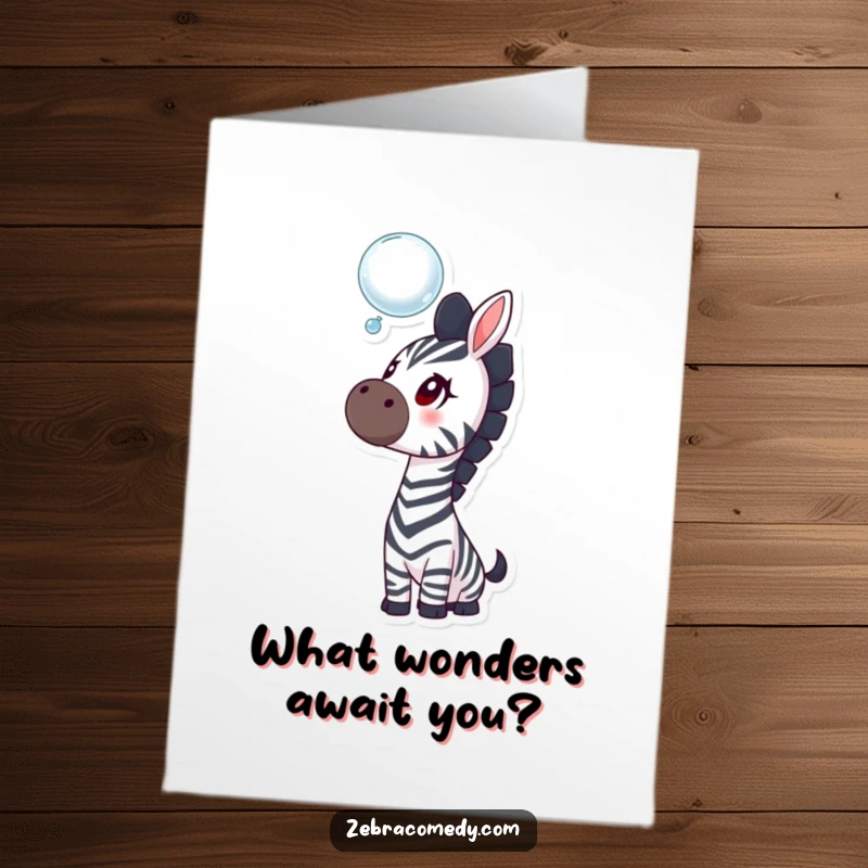 Funny Free Printable Birthday Card featuring a curious zebra looking up at a floating bubble, perfect for a birthday download.