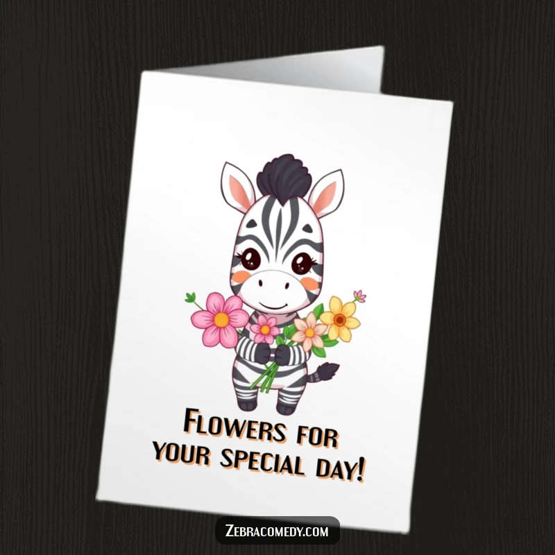 Funny Free Printable Birthday Card featuring a grinning zebra holding a bouquet of flowers, a cheerful downloadable greeting.