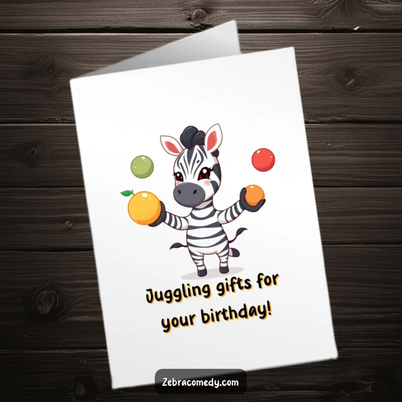 Funny free printable birthday card featuring a zebra excitedly juggling three round, colorful fruits with a look of pure fun.