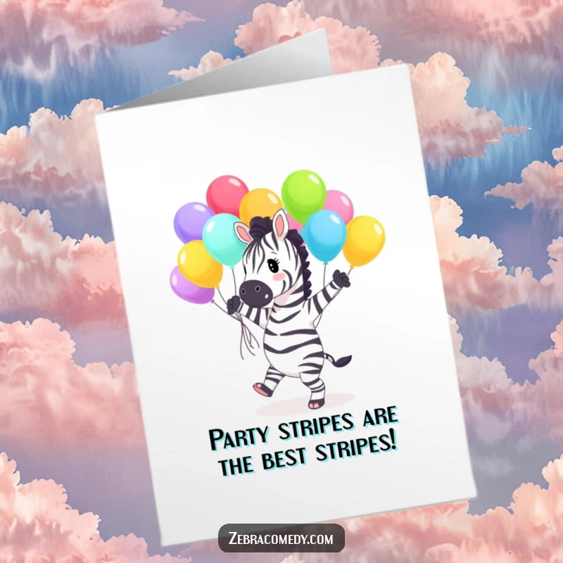 Funny Free Printable Birthday Card: Joyful zebra dancing with colorful balloons, ready to party for your special day.