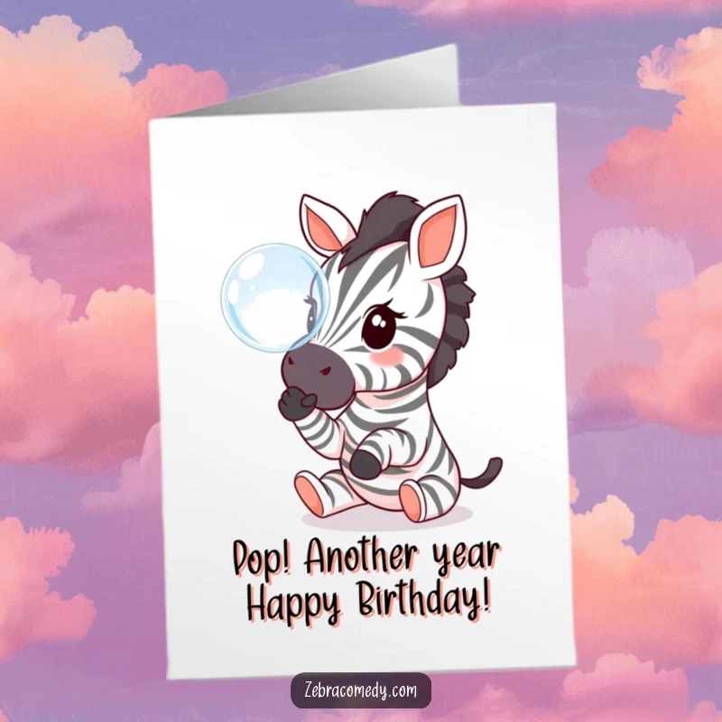 Funny Free Printable Birthday Card: Adorable zebra with tiny paws playfully batting at a shimmering, floating bubble, full of wonder.