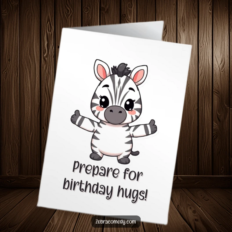 Funny Free Printable Birthday Card with a fuzzy zebra character offering a big hug, a sweet downloadable greeting.