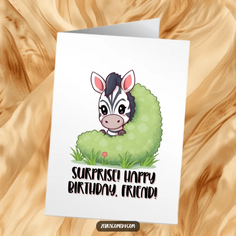 Funny Free Printable Birthday Card with a playful zebra peeking from behind a large bush, a fun birthday surprise.
