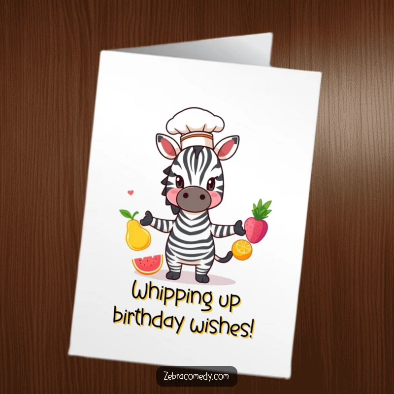Funny Free Printable Birthday Card: A zebra wearing a tiny chef hat expertly juggles three colorful fruits with a focused, happy expression.