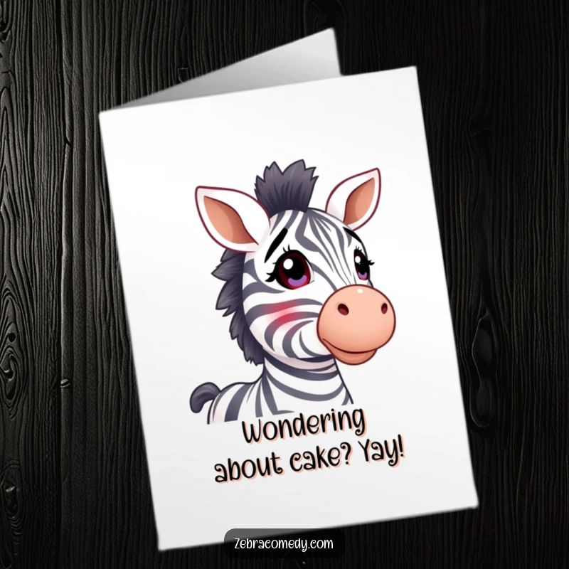 Funny Free Printable Birthday Card: A cute zebra with stripy ears perked up, looking upwards in wonder.