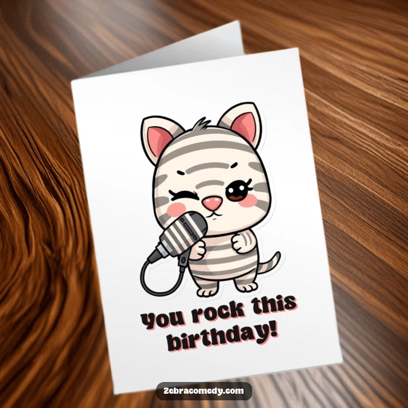 Funny Free Printable Birthday Card: Striped character winks, balancing a microphone, ready for a joke.