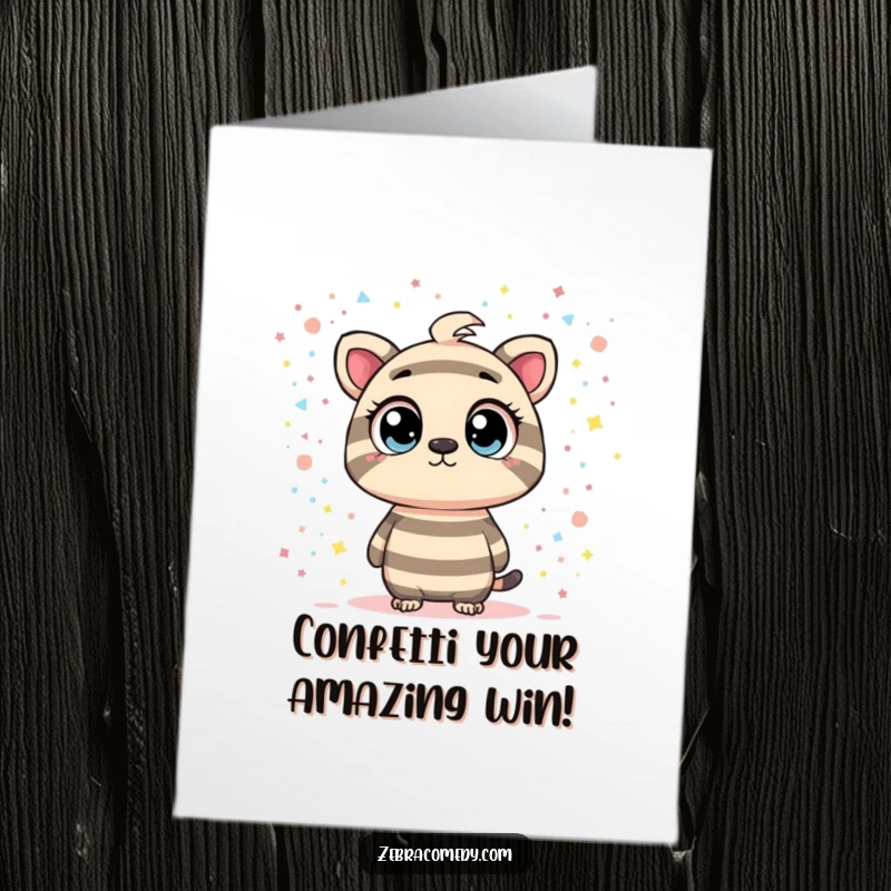 Funny Free Printable Congratulations Card: a curious striped character observes a dazzling, swirling galaxy of confetti, celebrating a cosmic win.