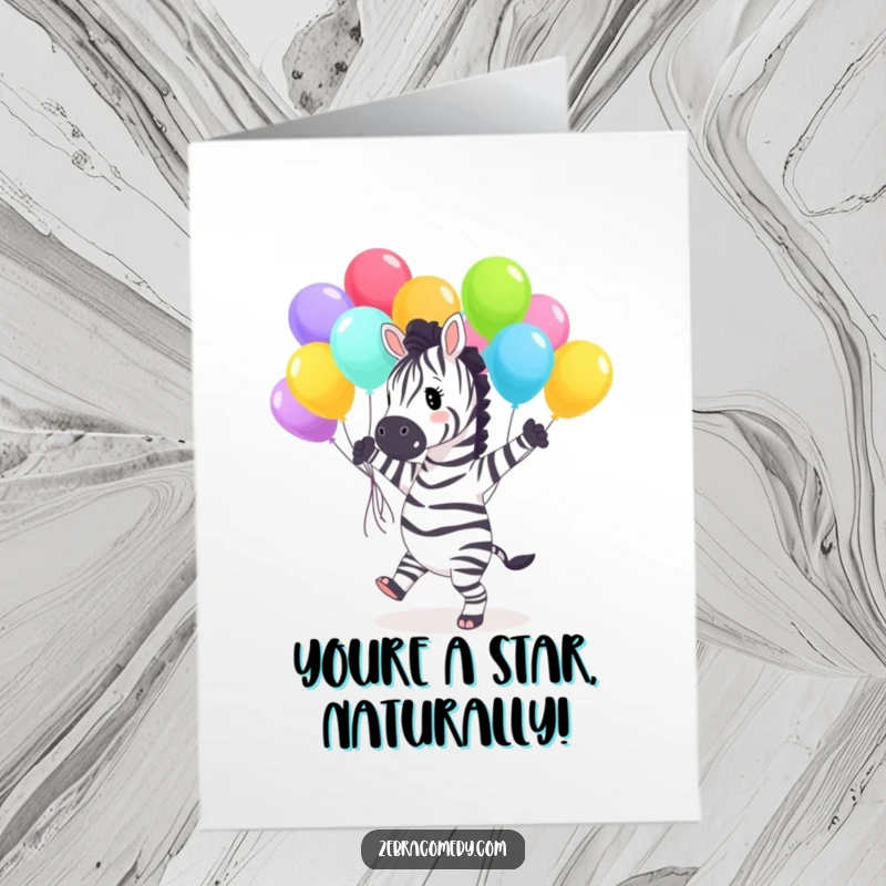 Funny Free Printable Congratulations Card: Ecstatic zebra dancing with a vibrant bouquet of balloons, celebrating achievements.