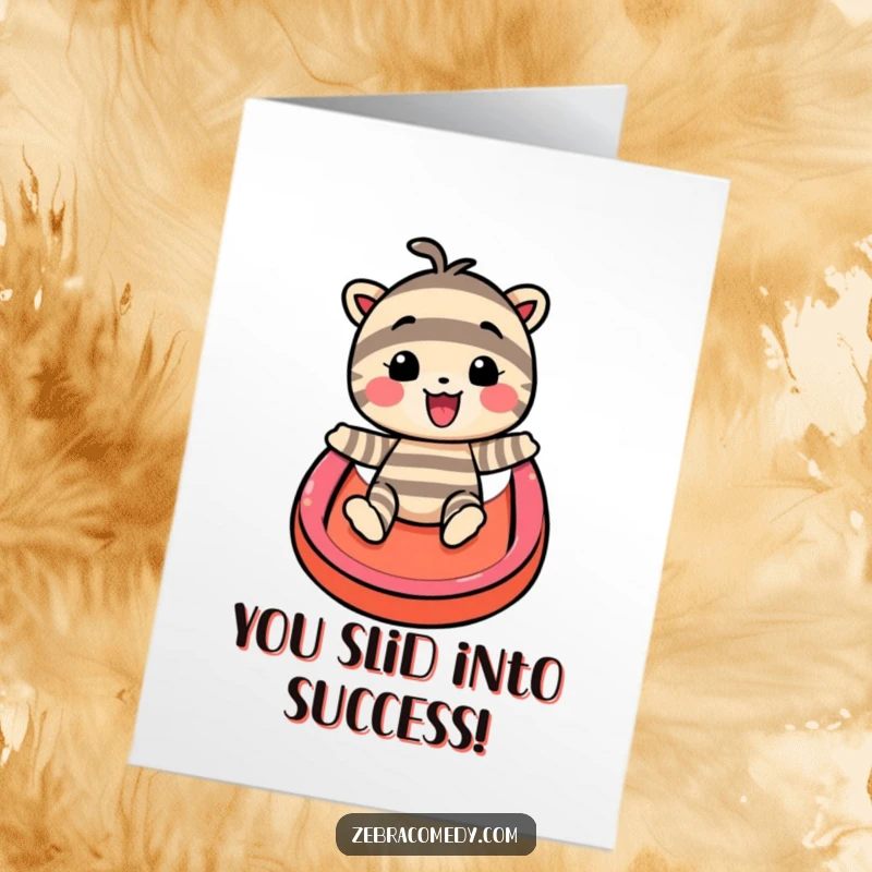 Funny Free Printable Congratulations Card showing a striped character gleefully sliding down a rainbow, perfect for celebrating any success.