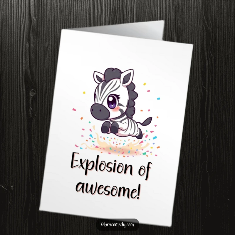 Funny Free Printable Congratulations Card: Small zebra with expressive eyes jumping over a confetti burst, celebrating a big win with excitement.