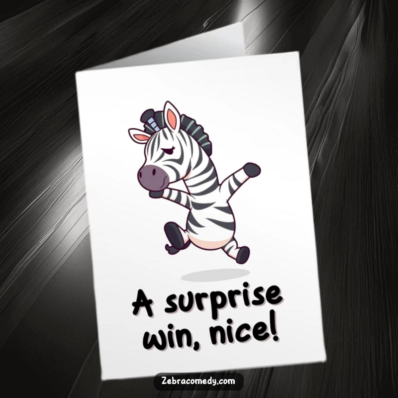 Funny free printable congratulations card: A zebra character performing a comical mid-air recovery after a trip.