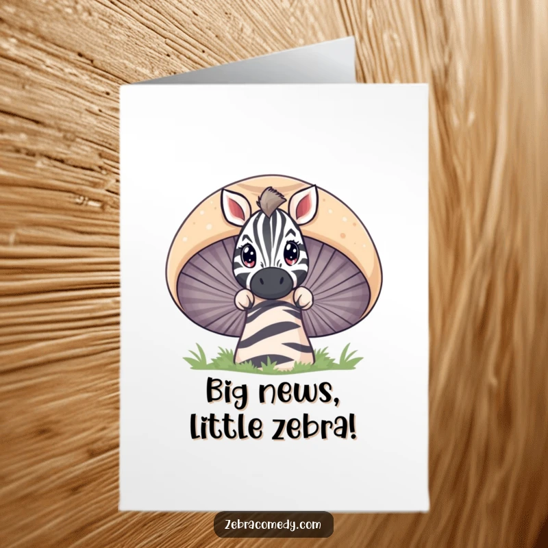 Funny Free Printable Congratulations Card: A zebra with big curious eyes is peeking over the top of a huge striped mushroom.