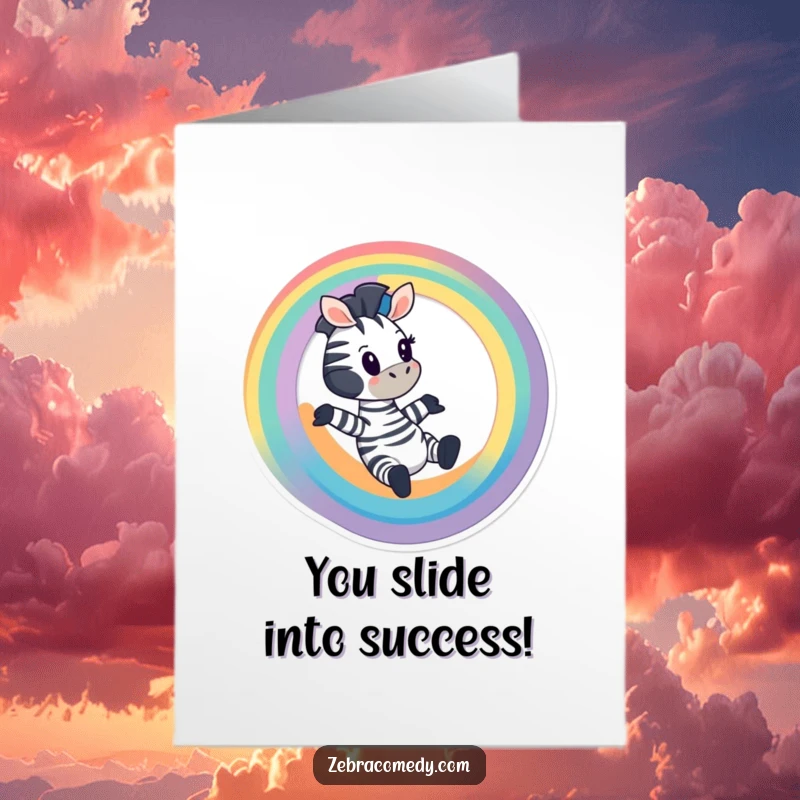 Funny Free Printable Congratulations Card: Cartoon zebra gleefully sliding down a vibrant rainbow, symbolizing a thrilling accomplishment and good fortune.