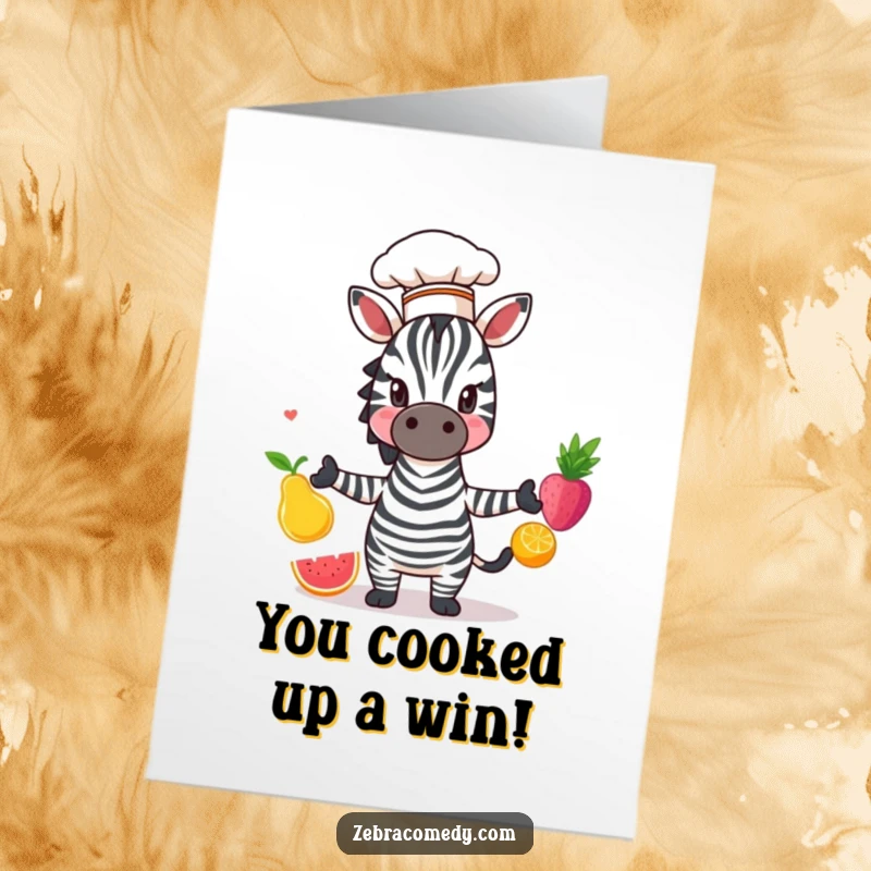 Funny Free Printable Congratulations Card: A zebra in a chef hat juggles three colorful fruits, showcasing culinary talent and cheer.