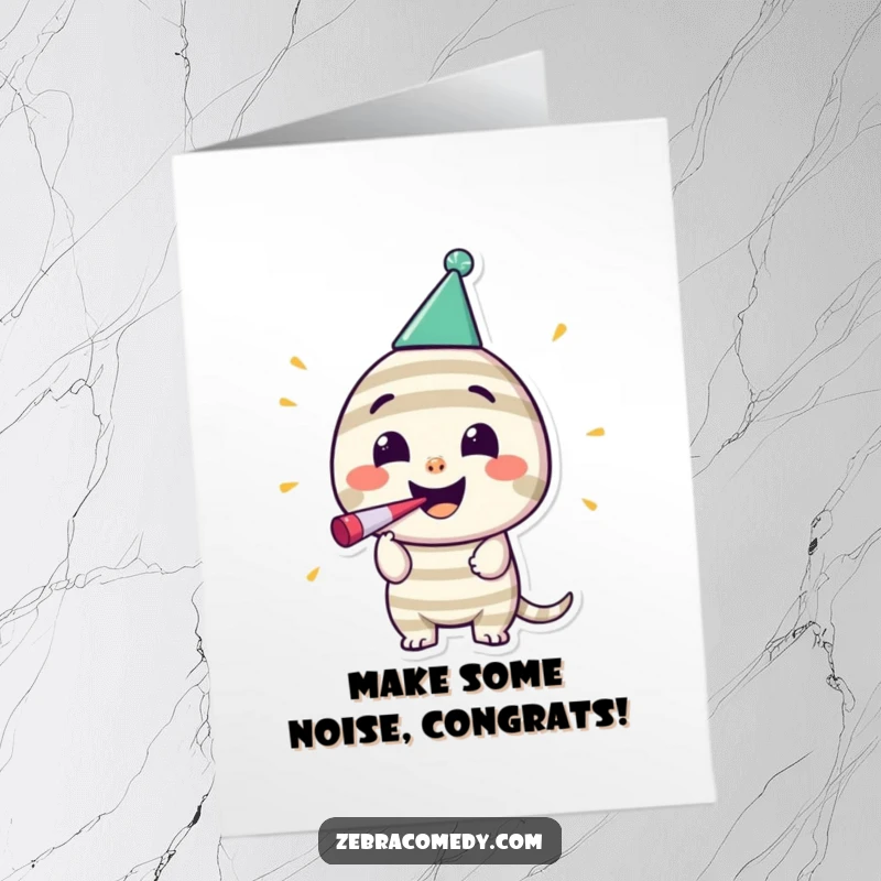 Funny Free Printable Congratulations Card: Happy striped character with a party hat and noisemaker.
