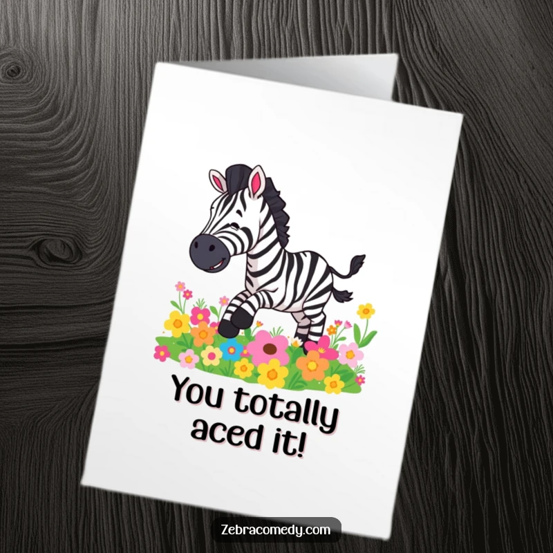 Funny Free Printable Congratulations Card: A comical zebra takes a tumble on a patch of vibrant flowers.