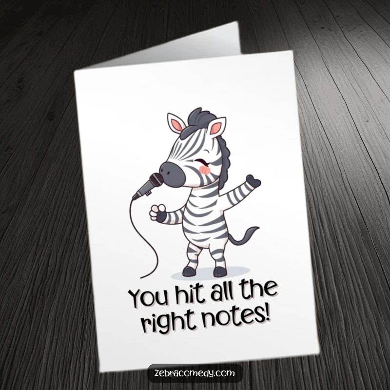 Funny free printable congratulations card: A zebra with striped socks performs a happy jig with a microphone, a true showstopper.