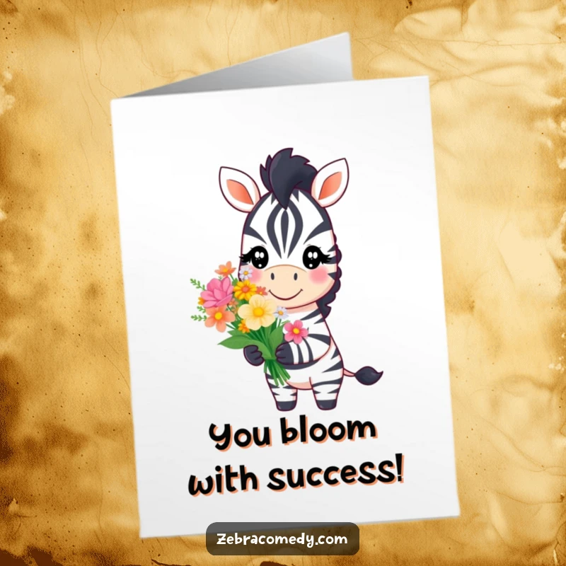 Funny Free Printable Congratulations Card: A smiling zebra presents a lovely bouquet of flowers, symbolizing joy and well wishes.